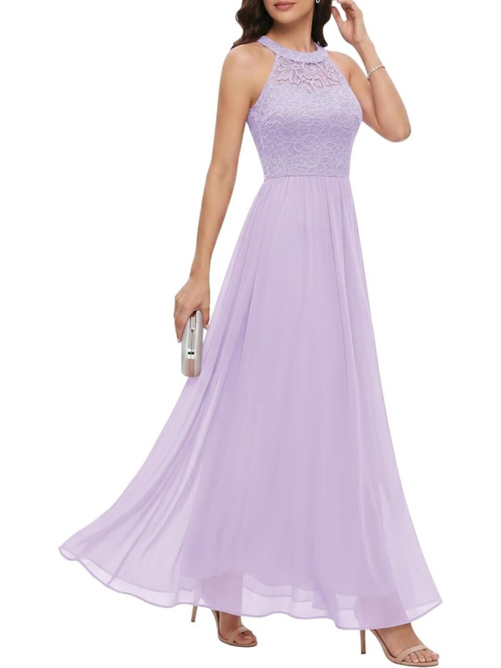 Lilac Floral Lace Halter Long Formal Prom Bridesmaid Dress Sz XS-3X